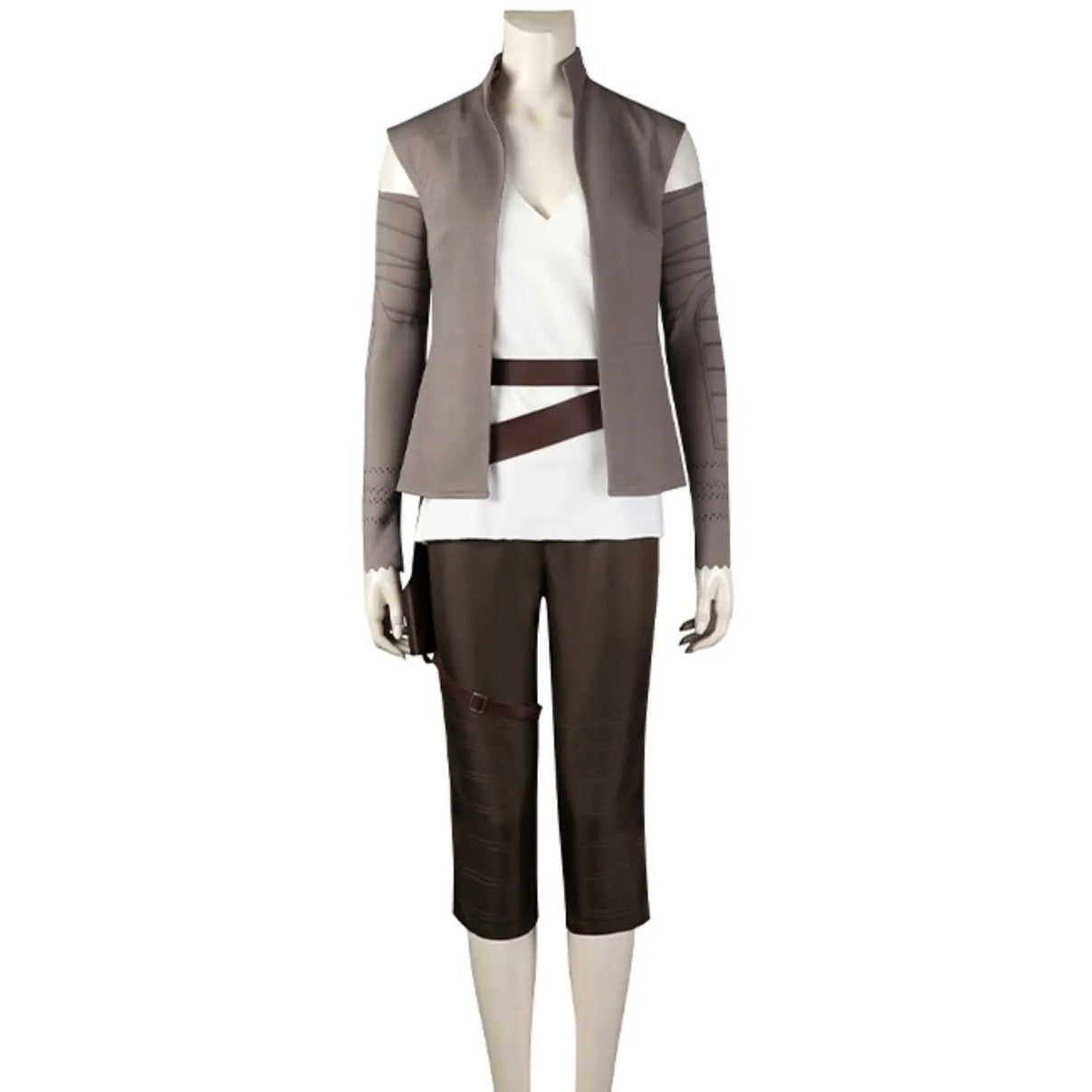 full front view of mannequin wearing complete rey skywalker cosplay costume