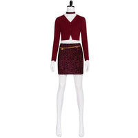 white mannequin wearing complete maria cosplay costume burgundy top leopard mini skirt and choker