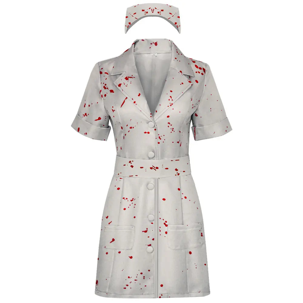 complete silent hill white blood splatter nurse costume dress with matching head cap