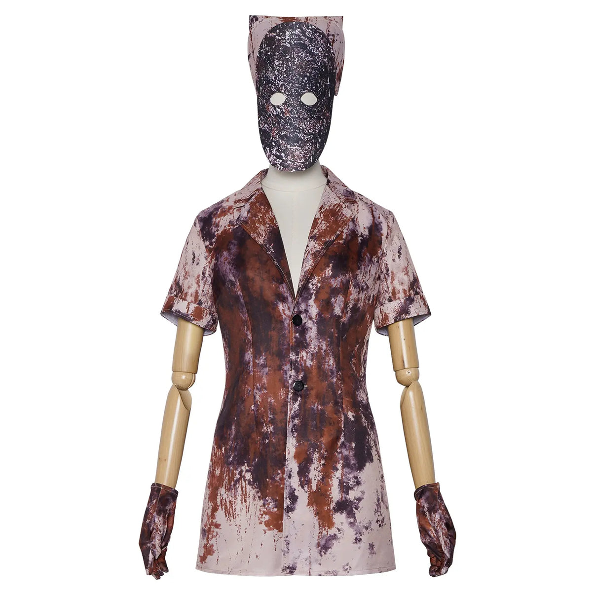 wooden mannequin wearing complete silent hill bloody nurse cosplay costume with mask hat and gloves