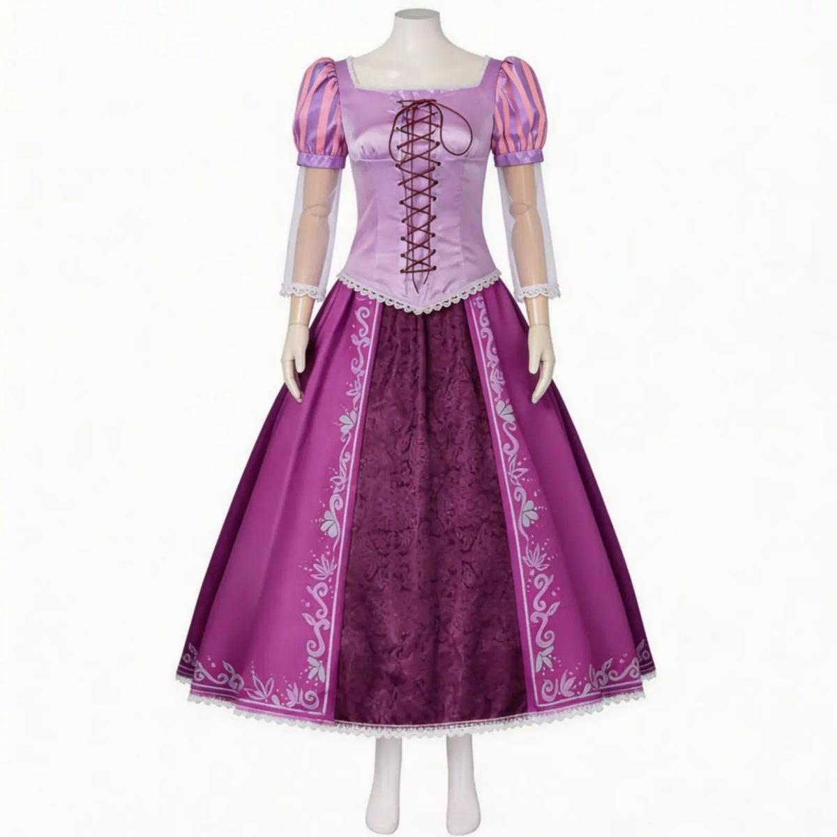 mannequin wearing rapunzel purple princess gown full cosplay outfit front view