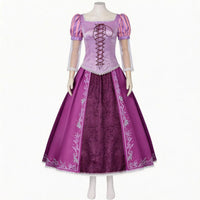 mannequin wearing rapunzel purple princess gown full cosplay outfit front view