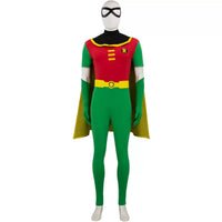 mannequin wearing complete robin superhero cosplay costume red green bodysuit with yellow cape belt and eye mask