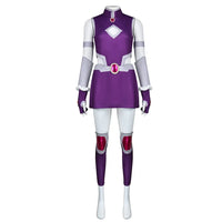 full front view of mannequin wearing teen titans starfire cosplay purple battle dress for halloween