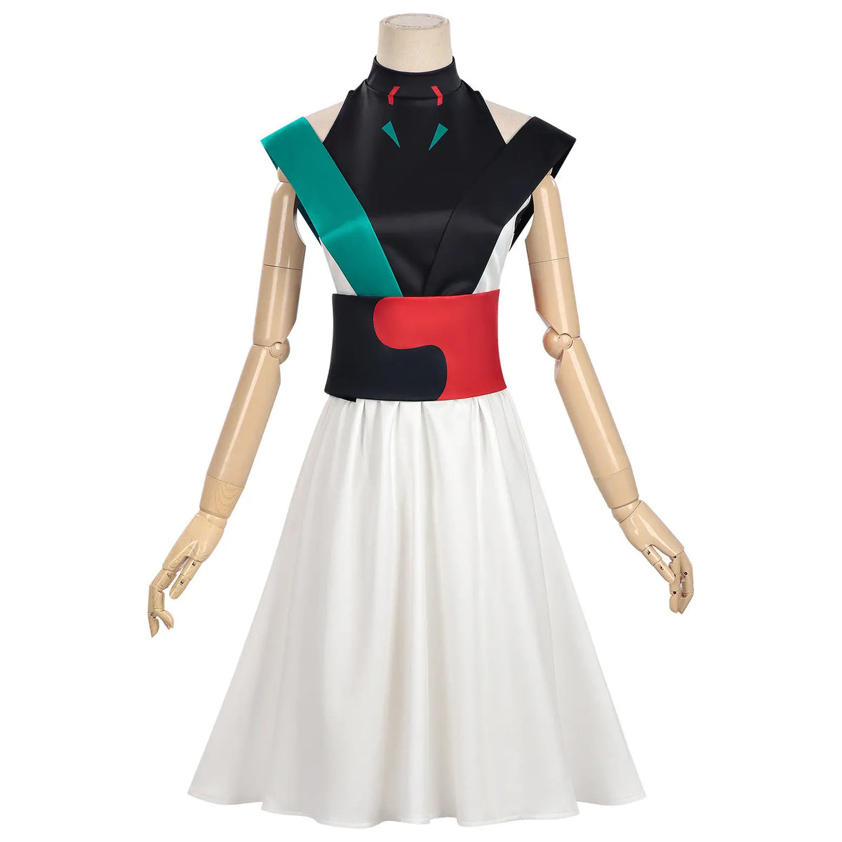complete tsukimi yachiyo cosplay dress on mannequin black halter top white skirt teal black shoulder straps red waist sash