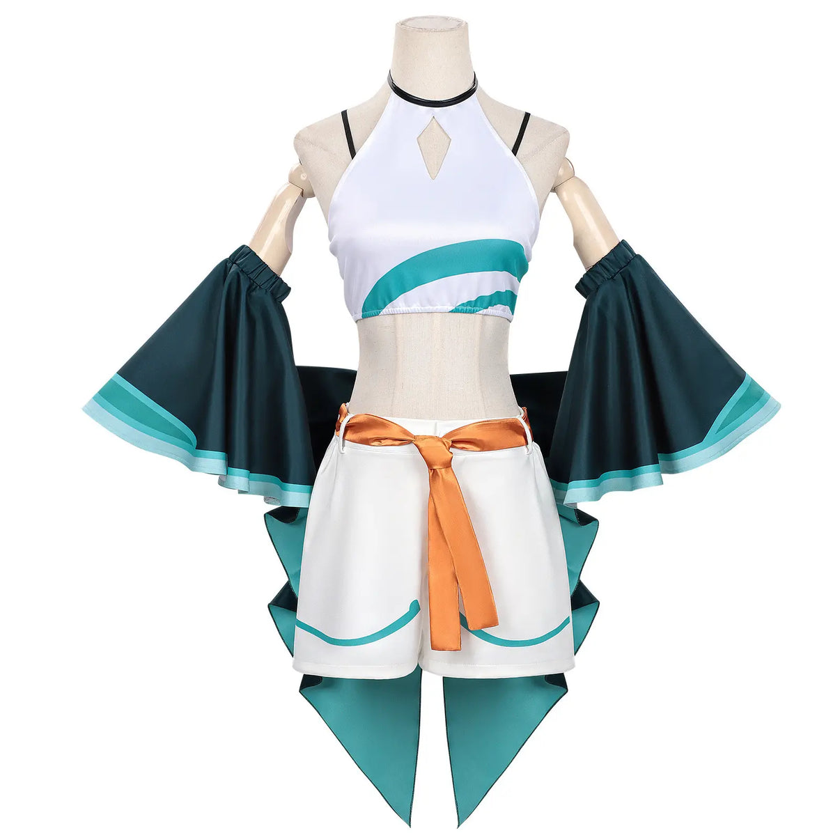 complete tsukimi yachiyo cosplay costume on mannequin halter top white shorts orange belt teal sleeves