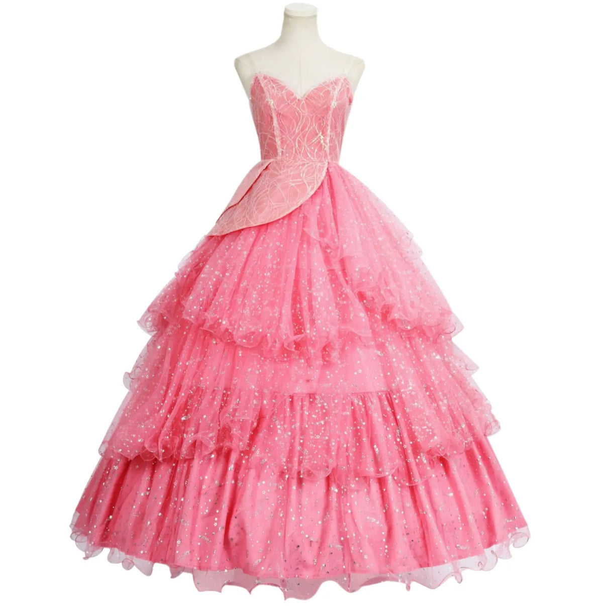 mannequin displaying glinda pink layered tulle ball gown with silver sparkles sweetheart neckline