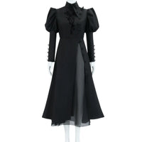 white mannequin wearing complete elphaba black long witch dress from wicked front full shot