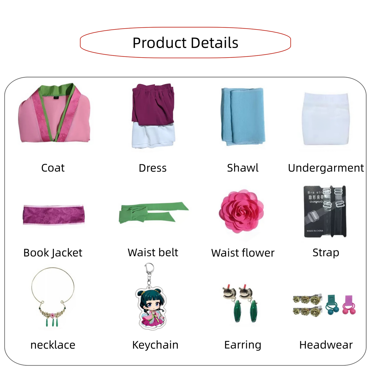 Maomao cosplay hanfu costume full set flat lay display
