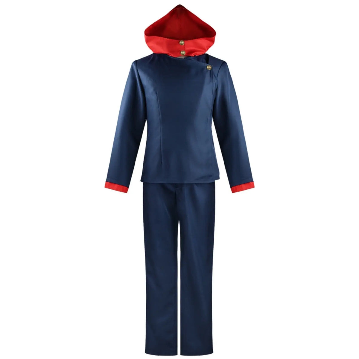 mannequin wearing yuji itadori cosplay costume navy blue uniform with red hood