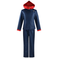 mannequin wearing yuji itadori cosplay costume navy blue uniform with red hood